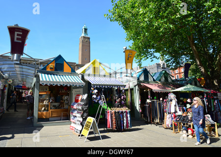 Le bancarelle del mercato nel mercato di Norwich, luogo di mercato, Norfolk, Inghilterra, Regno Unito Foto Stock