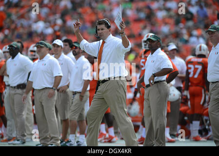 Miami, FL, Stati Uniti d'America. 26 ott 2013. Capo allenatore al Golden di Miami in azione durante il NCAA Football gioco tra gli uragani di Miami e Wake Forest Demon diaconi in giardini di Miami, Florida. Gli uragani sconfitto il demone diaconi 24-21. © Cal Sport Media/Alamy Live News Foto Stock