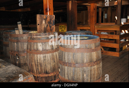 Vecchie botti in legno in una stiva di carico su una nave baleniera, Mystic Seaport, Connecticut, Stati Uniti d'America Foto Stock