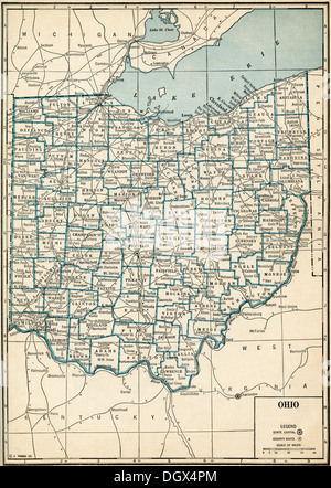 Mappa vecchia di Ohio, 1930 Foto Stock