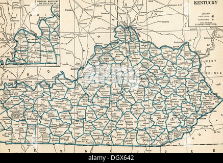 Mappa vecchia di stato del Kentucky, 1930 Foto Stock