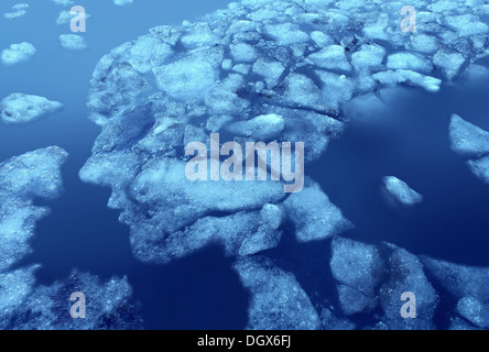 Rottura oltre e distrutto il concetto di vita come un lago ghiacciato con galleggiante rotto pezzi di ghiaccio in forma di una testa umana come un Foto Stock