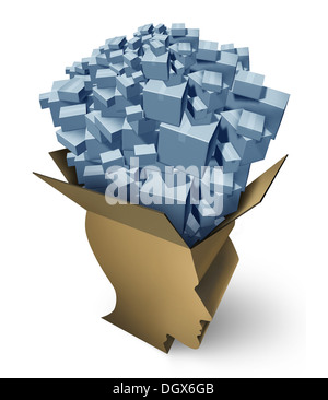 Spedizione intelligente come un pacchetto globale di gestione del servizio di consegna o idee regalo concetto come aprire una scatola di cartone a forma di una testa umana gestire la distribuzione delle merci e il trasporto di merci su uno sfondo bianco. Foto Stock