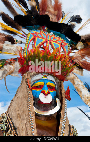 Uomo in un colorato costume decorato con vernice di faccia al tradizionale sing-sing raccolta, Hochland, Mount Hagen Foto Stock