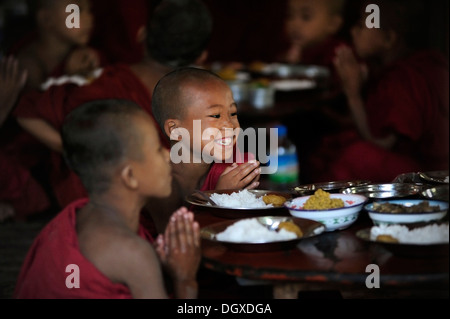 Novizi buddisti pregano prima di mangiare il loro pasto in un monastero, MYANMAR Birmania, Asia sud-orientale, Asia Foto Stock