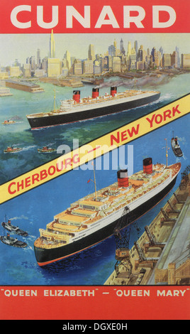 Cunard la Queen Mary e Queen Elizabeth navi da crociera White Star Line annuncio vintage travel poster - solo uso editoriale. Foto Stock