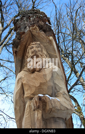 Intaglio del legno, Albero scolpito, la rappresentazione di un uomo vecchio Foto Stock