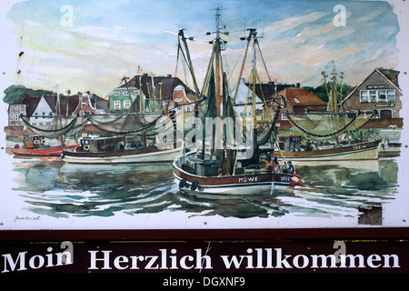 Benvenuto, poster pubblicitario in Greetsiel, Krummhoern, Frisia orientale, Bassa Sassonia Foto Stock