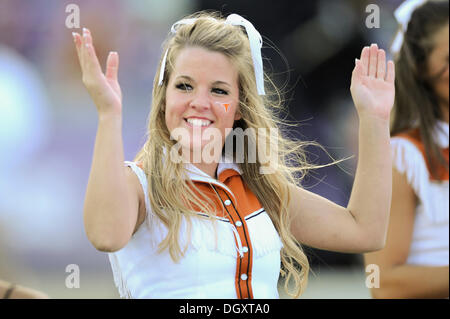 Ft. Vale la pena, TX, Stati Uniti d'America. 26 ott 2013. Una università del Texas cheerleader ottiene la folla Fired Up prima per i giocatori del Longhorn giocando la TCU cornuto rane in un NCAA Football gioco a Amon G. Carter Stadium di Ft. Vale la pena, Texas, Sabato 26 Ottobre, 2013. © csm/Alamy Live News Foto Stock