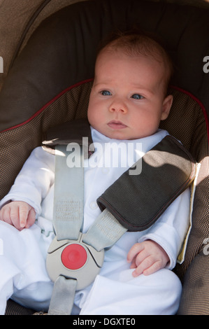 Little Baby girl strapped nel suo passeggino Foto Stock