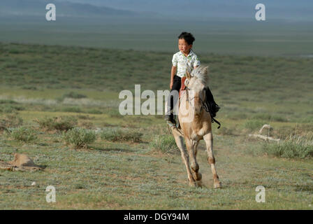 Piccolo 6-anno-vecchio ragazzo mongolo di rottura in un brioso cavallo mongolo nei prati secchi, Lun Toev Aimak, Mongolia, Asia Foto Stock