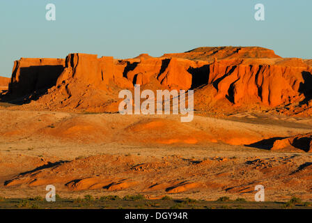 Ultima sera in luce il Flaming Cliffs, deserto dei Gobi, Bayanzag, Gurvan Saikhan National Park, Oemnoegov Aimak, Mongolia, Asia Foto Stock