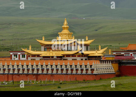 Golden tetti e chorten di un monastero tibetano nelle praterie di Tagong davanti al Monte Nevoso Zhara Lhatse, 5820m Foto Stock