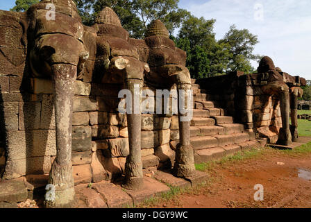 Elefante in pietra sculture sulla terrazza degli elefanti, Angkor Wat tempio complesso, Siem Reap, Cambogia, Indocina, sud-est asiatico Foto Stock