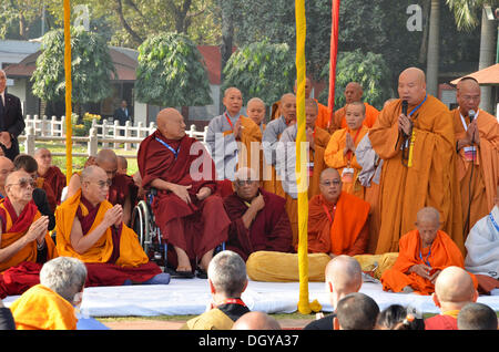 Il Dalai Lama e altri alti dignitari come il Karmapa, Sogyal Rinpoche con i leader buddisti provenienti da tutto il mondo in Foto Stock