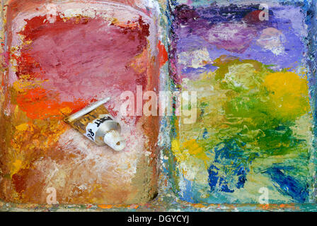 Tubo di vernice su un pittore della tavolozza, vernici a olio, Zurigo, Svizzera, Europa Foto Stock