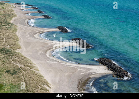 Struttura di frangionde, Finecampo, riunione del Mare del Nord e il Mar Baltico, Grenen, Skagen, nello Jutland, Danimarca Foto Stock