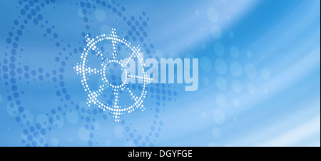 Buddista simbolo dharmacakra (ruota di vita) riflesso sulla superficie astratta Foto Stock