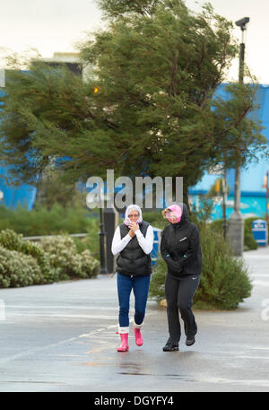 Southend on Sea, Essex, Regno Unito . 28 ott 2013. Walkers sul fronte mare a Southend-on-Sea in alta venti dal Tamigi la tempesta, denominato St Jude, ha portato la windiest meteo a colpire il Regno Unito dal 1987. Credito: Graham whitby boot/Alamy Live News Foto Stock