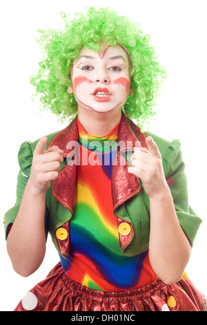 Ritratto di donna clown. Isolato su bianco Foto Stock