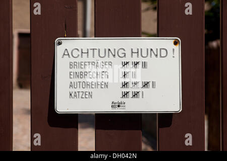 Segno, lettering "Achtung Hund!", tedesco per "Attenzione al cane!" con un foglio di calcolo delle sue vittime in un recinto Foto Stock