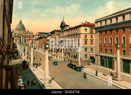 Foto storiche da intorno al 1930, in Via della Conciliazione, Basilica di San Pietro e la Basilica di San Pietro, Roma, Lazio, Italia Foto Stock