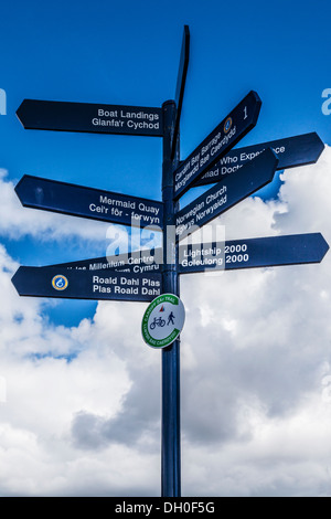 Cartello turistico a dare indicazioni per varie attrazioni turistiche della Cardiff Bay area in Galles. Foto Stock