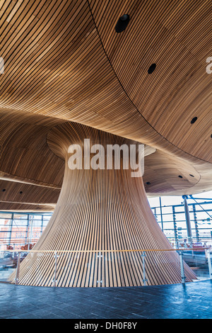 Il soffitto in legno e un imbuto in Oriel, parte dell'Assemblea Nazionale di Welsh edificio nella Baia di Cardiff, Galles. Foto Stock