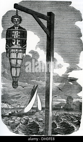 Il capitano William KIDD (c) 1645-1701 pirata scozzese è appeso in catene sul Tamigi a Tilbury punto dopo la sua esecuzione Foto Stock