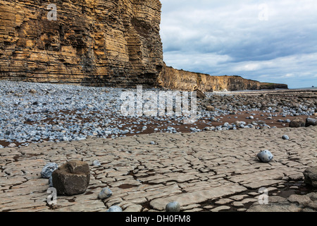 Punto di Nash, un promontorio e la spiaggia della Costa Monknash della Vale of Glamorgan nel Galles del Sud. Versione Mono disponibile a DH0FT3 Foto Stock