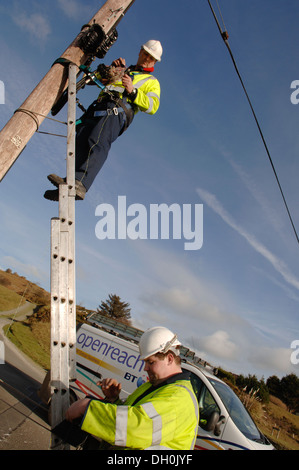 Openreach Campo Ingegneri installare e mantenere la rete fisica cablaggio dal telefono in Exchange degli utenti finali locali Foto Stock