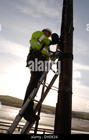 Openreach Campo Ingegneri installare e mantenere la rete fisica cablaggio dal telefono in Exchange degli utenti finali locali Foto Stock