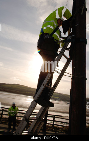 Openreach Campo Ingegneri installare e mantenere la rete fisica cablaggio dal telefono in Exchange degli utenti finali locali Foto Stock