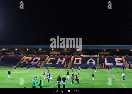 Rochale, UK. 28 ott 2013. Un profilo del Spotlands Stadium la Coppa del Mondo di Rugby Group un gioco tra le isole Figi e l'Irlanda dall'Spotland Stadium. Credito: Azione Sport Plus/Alamy Live News Foto Stock