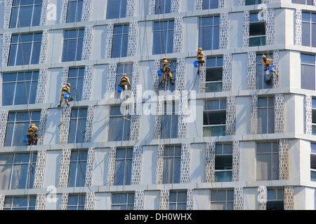 Detergenti per finestre lavorando sulla facciata di un grattacielo e Dubai Marina, Dubai, Emirati Arabi Uniti Foto Stock