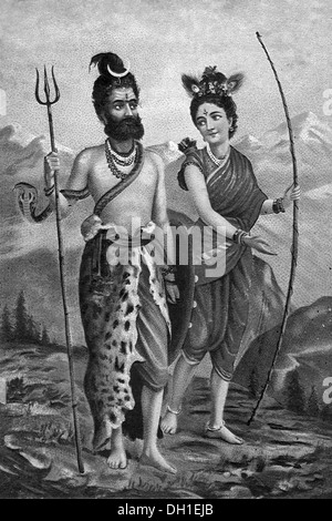 Vecchia foto vintage di Kirat & Bhilli, Dio Shankar vestito come un cacciatore e la dea Parvati come cacciatrice Foto Stock