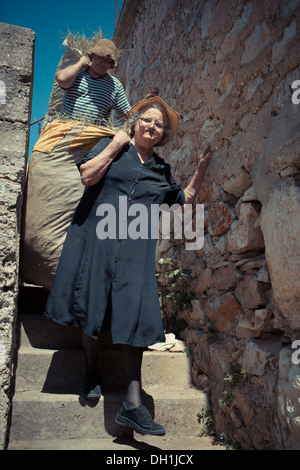 Senior gli agricoltori che trasportano sacchi di iuta con lavanda, Hvar, Dalmazia, Croazia Foto Stock