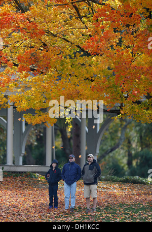 Le persone in piedi sul New England autumn leaf cortile coperto Foto Stock