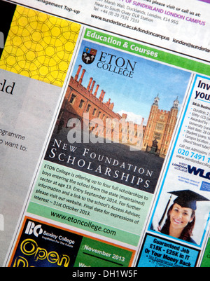 Annuncio di giornale per Eton College di borse di studio per la scuola di stato ragazzi Foto Stock