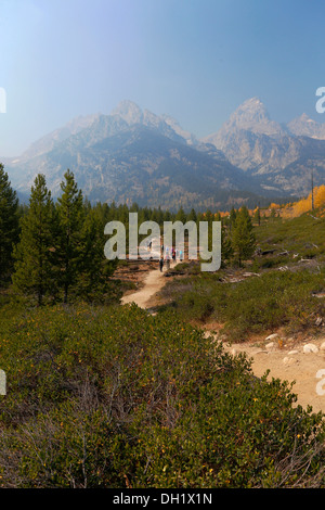 Grand Teton mountain range dal sentiero per Taggart Lake, il Parco Nazionale del Grand Teton, Wyoming USA Foto Stock