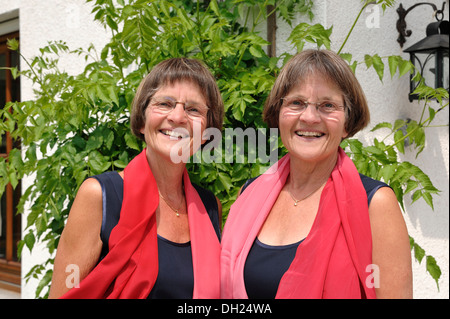 Due vispo gemelle, vestiti simili e indossa foulard rosso, ritratto Foto Stock