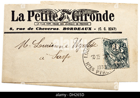 1933 francese wrapper giornale "La Petite Gironde' con 1 cent francobollo. Foto Stock