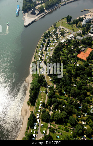 Vista aerea, Deutsches Eck terreno non lavorato e il campeggio sul Neuendorfer Eck, Coblenza, Renania-Palatinato Foto Stock