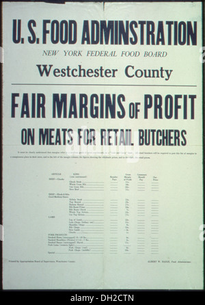 Un documento della Food Administration degli Stati Uniti e del New York Federal Food Board nella contea di Westchester, che delinea i margini di profitto equi per i fornitori di carne durante un periodo di regolamentazione e supervisione in tempo di guerra. Foto Stock