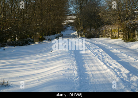 Una corsia Devon in condizioni di neve, vicino a Postbridge, nel Parco Nazionale di Dartmoor, Devon, Gran Bretagna. Foto Stock