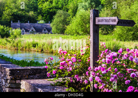 Fila di tessitori' cottages, Arlington Row, a Bibury, Gloucestershire visto attraverso il Fiume Coln e il Rack Isle prato d'acqua. Foto Stock