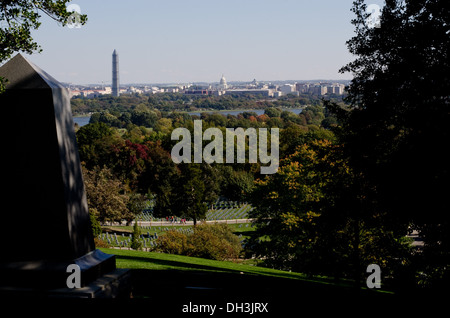 Il Monumento di Washington, circondato da impalcature per riparare i danni del terremoto, come si vede dal Al Cimitero Nazionale di Arlington. Foto Stock