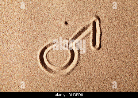 Segno di Marte, simbolo della mascolinità, disegnata nella sabbia Foto Stock