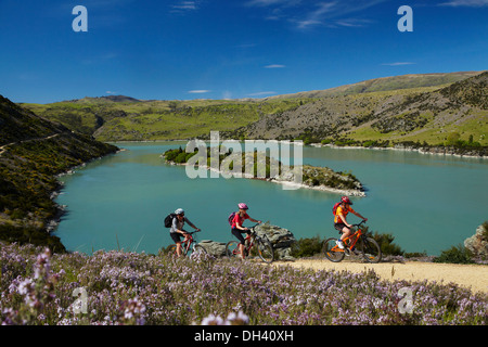 Gli amanti della mountain bike e del Lago Roxburgh sulla gola Roxburgh ciclo e a piedi la via di Central Otago, Isola del Sud, Nuova Zelanda Foto Stock