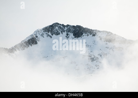 Paesaggio invernale con cima di montagna in nebbia. Kamenitza picco, Pirin, Bulgaria Foto Stock